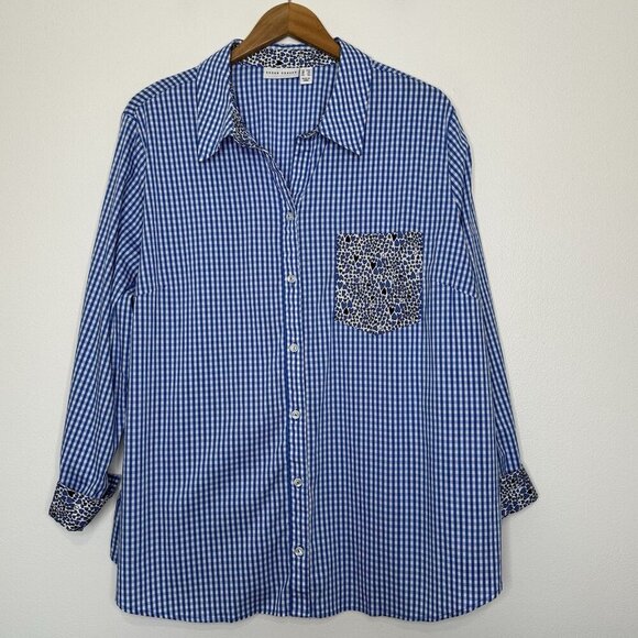 Susan Graver Button up Shirt Size 24W Gingham Blue White Patchwork - Picture 1 of 10